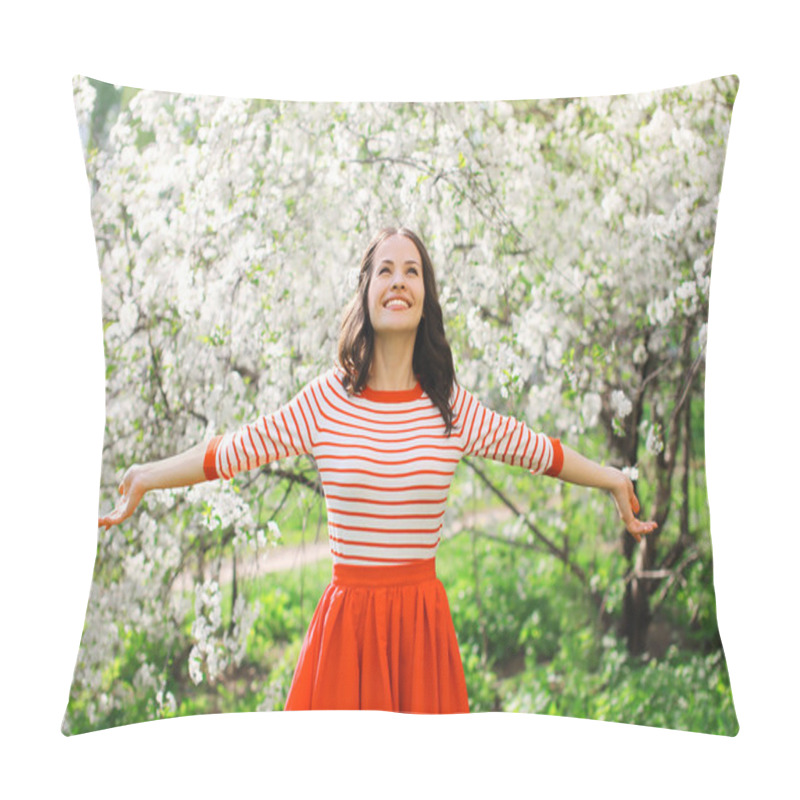 Personality  Beautiful Happy Young Woman Enjoying Smell In A Flowering Spring Pillow Covers