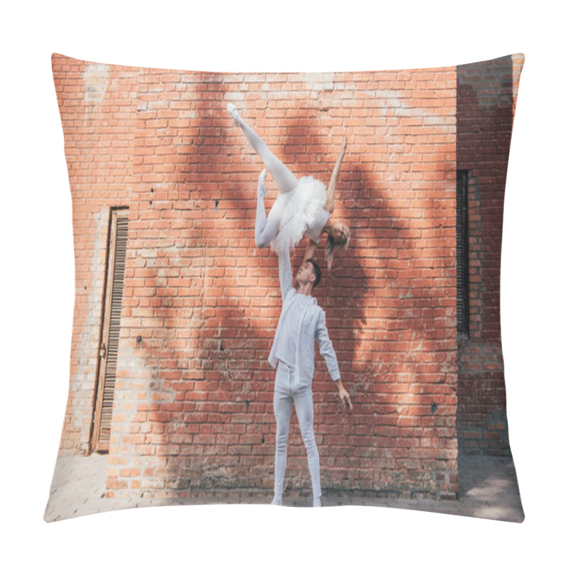 Personality  Young Couple Of Dancers Performing Ballet Dance Near Brick Wall On Street Pillow Covers