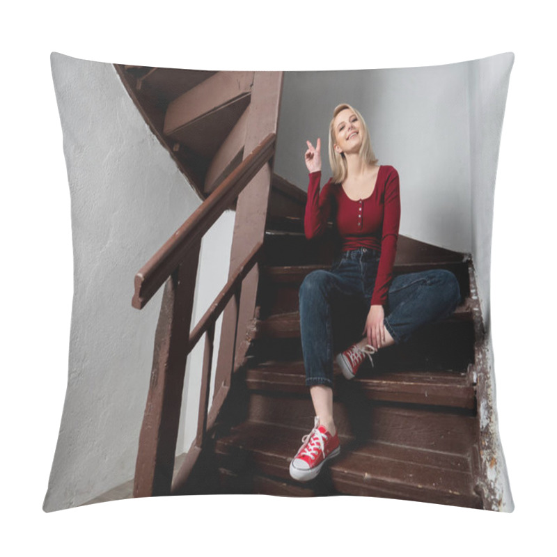 Personality  Blonde Hipster Sits On Aged Stairs In Old Country House  Pillow Covers