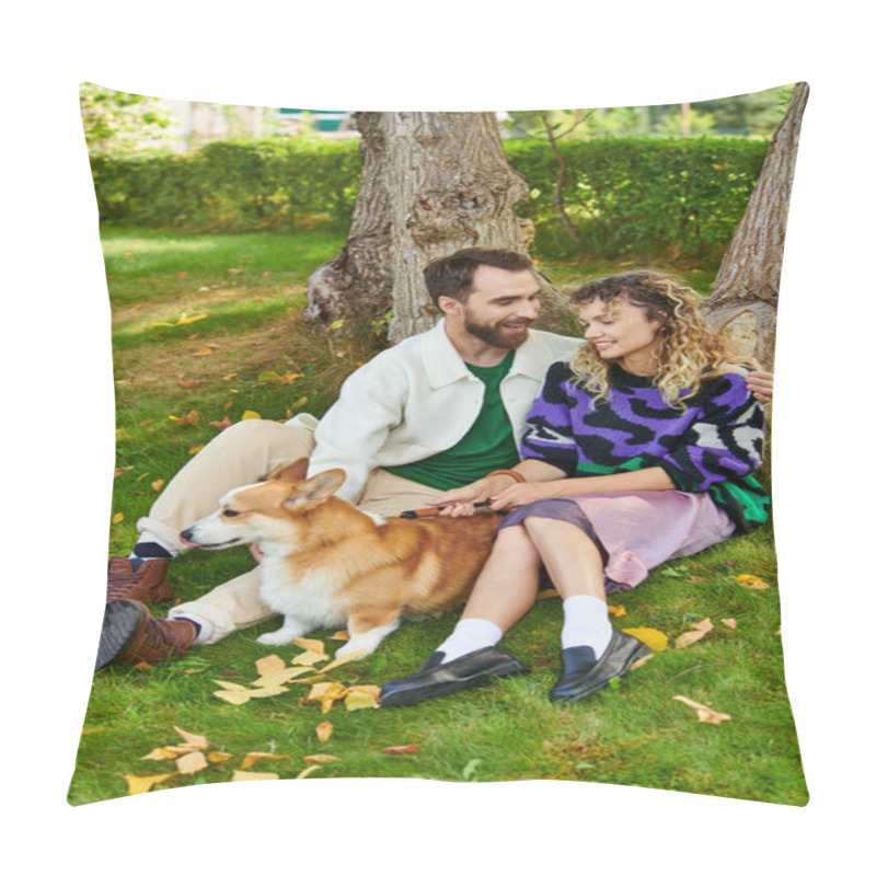 Personality  Happy Man Hugging Curly Woman In Cute Outfit While Cuddling Corgi Dog In Park, Sitting Near Tree Pillow Covers