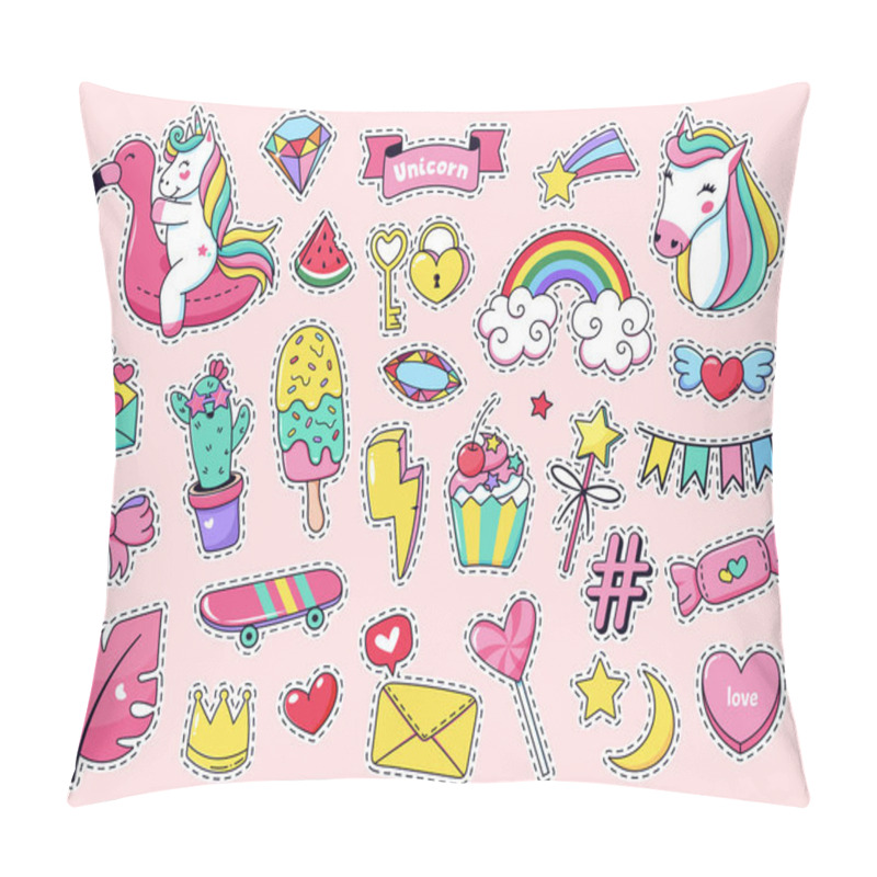 Personality  Cute Patch Badges. Magic Fashion Doodle Patches, Fairytale Pink Rainbow Unicorn, Ice Cream And Sweet Candy Isolated Vector Illustration Icon Set Pillow Covers