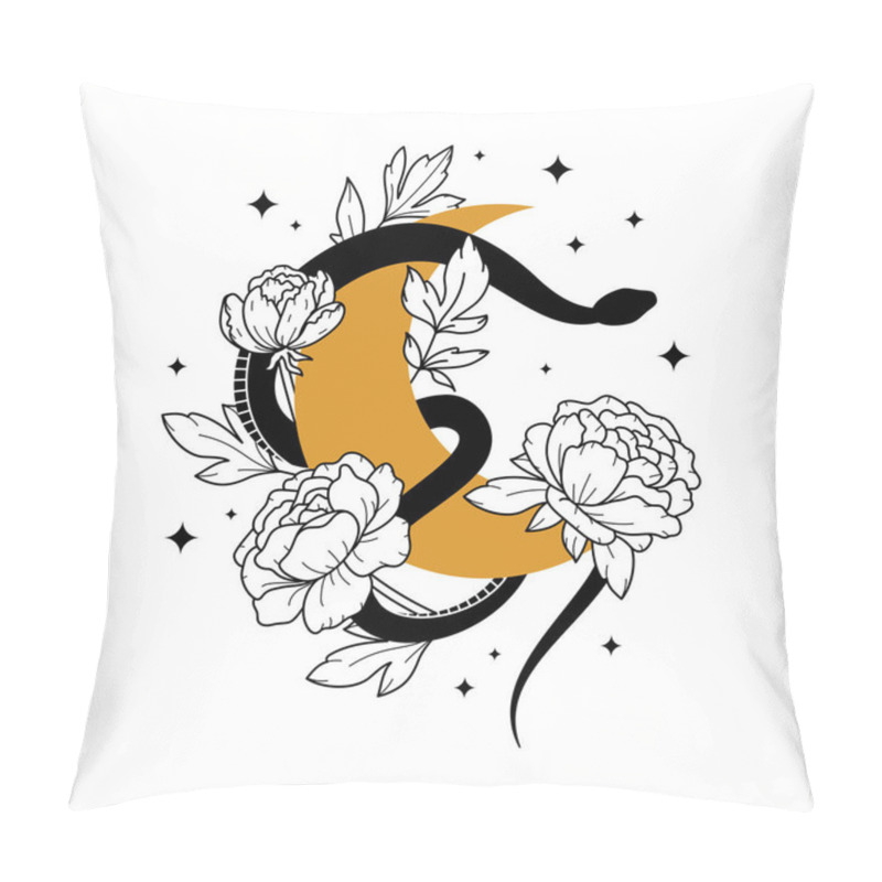 Personality  Vector Magic Illustration With Celestial Snake, Moon, Stars And Flowers Isolated On White Background. Boho Trendy Esoteric Serpent And Gold Crescent For Poster Print, Fashion, Fabric, Textile, Paper Pillow Covers