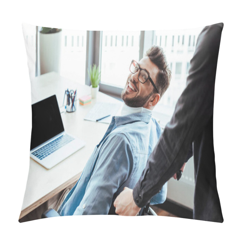 Personality  High Angle View Of Disabled IT Worker Smiling At Table In Coworking Space Pillow Covers