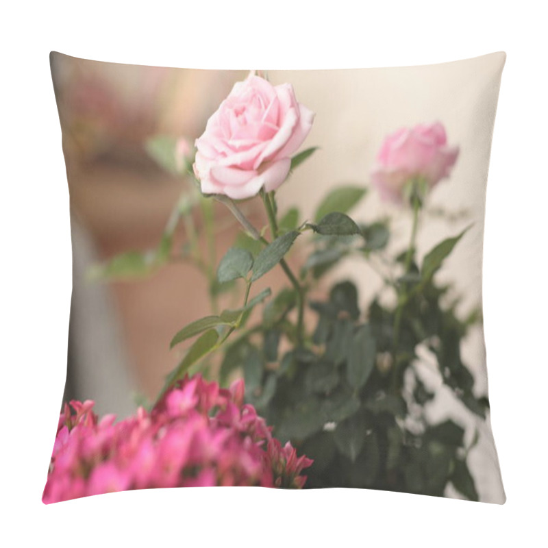 Personality  Soft Pink Roses And Bright Pink Flowers Are Displayed Together In A Cozy Indoor Environment, Capturing The Tranquility Of A Sunny Day. The Greenery Adds Freshness To The Atmosphere. Pillow Covers