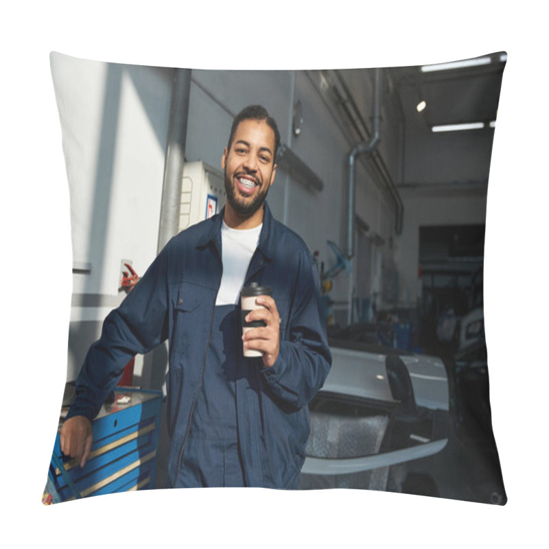 Personality  Confident Young Mechanic Sips Coffee, Surrounded By Tools And Equipment. Pillow Covers