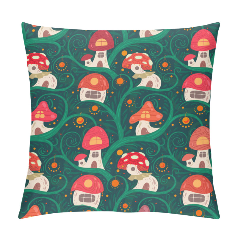 Personality  Seamless Pattern With Cartoon Fairy Tale Porcini House On A Liana With Lanterns For Fairies And Gnomes On Green Background. A Fabulous Home For Little Creatures. Vector Flat Boho Texture For Wallpaper Pillow Covers