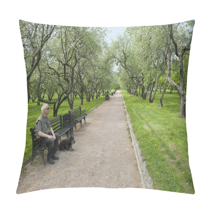 Personality  Blind Man With His Guide Dog Enjoys Birdsong In A Blossoming Garden, Moscow, Russia. Pillow Covers