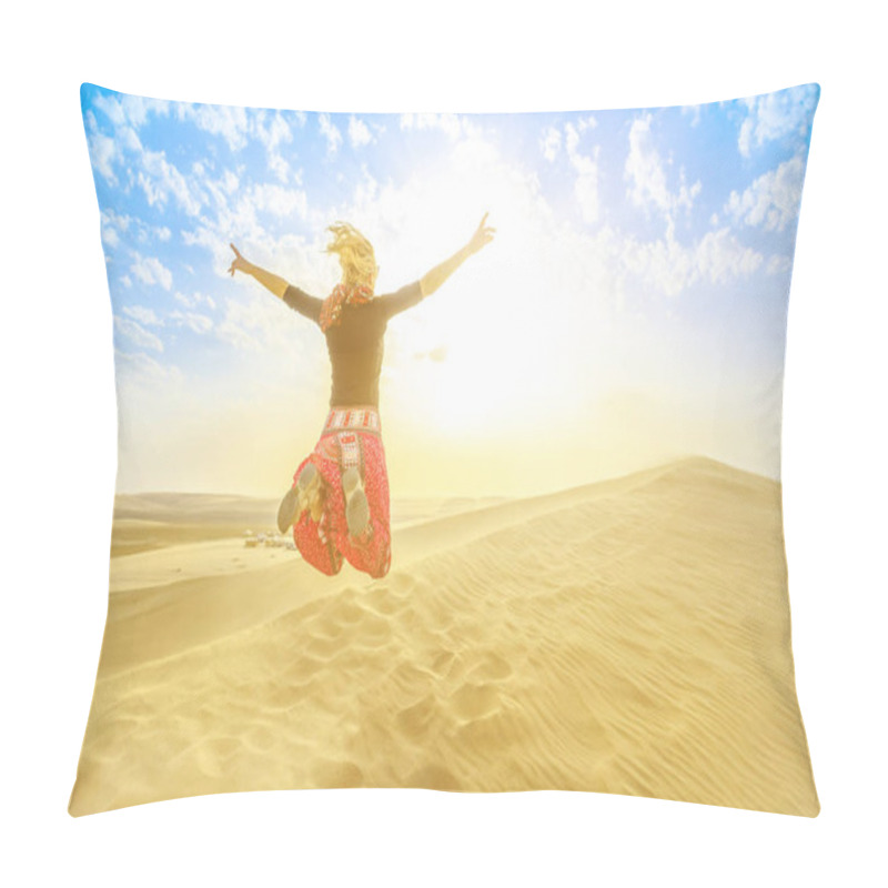 Personality  Woman Jumping In Qatar Desert Pillow Covers