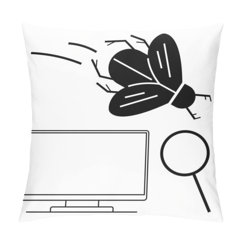 Personality  Computer Monitor, Magnifying Glass, And Bug In Motion Representing Debugging Process, Software Issues, And Problem-solving. Ideal For Tech, Software Development, IT Support, Error Fixing Pillow Covers