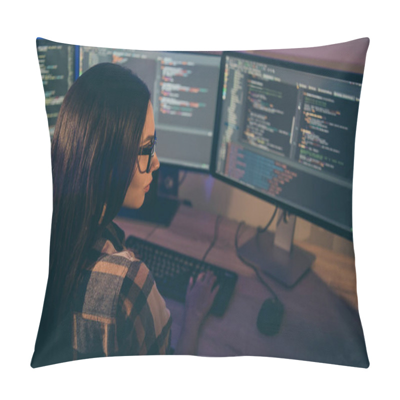 Personality  Photo Of Serious Confident Focused Girl Concentrated On Hacking The Security Code Of Her Opponents In Spectacles Using Java Script Pillow Covers