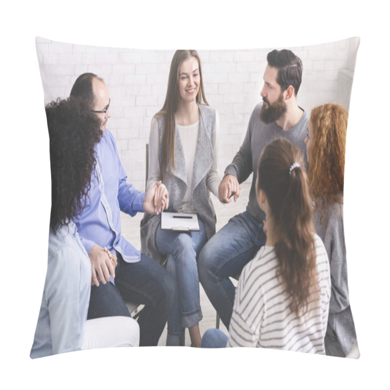 Personality  Diverse People Sitting On Chairs In Circle Holding Hands Pillow Covers