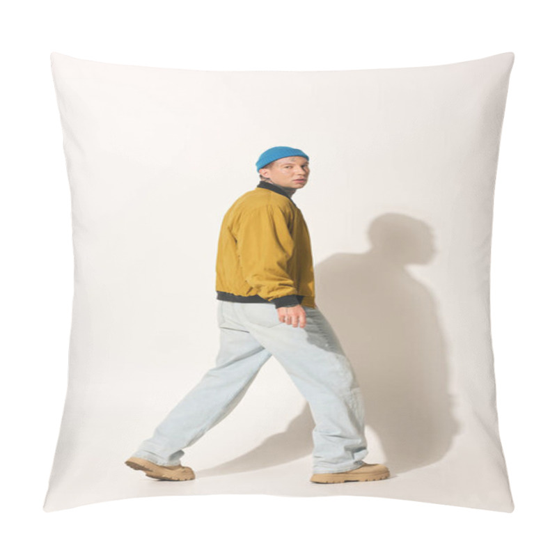 Personality  A Tattooed Young Man Walks Confidently In A Stylish Jacket And Casual Pants. Pillow Covers