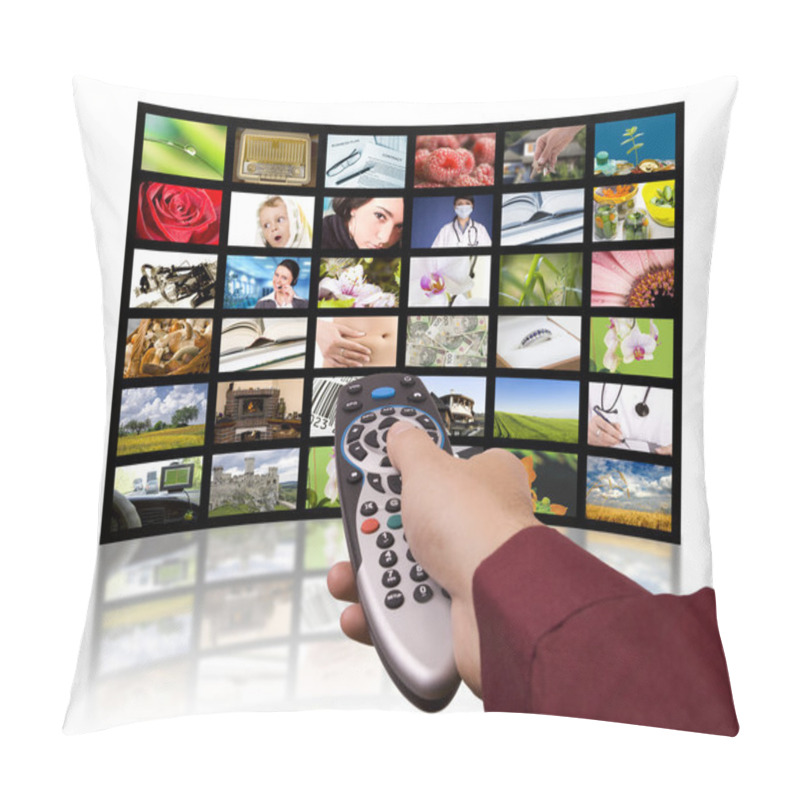 Personality  Digital Television Production Concept, Remote Control TV. Pillow Covers