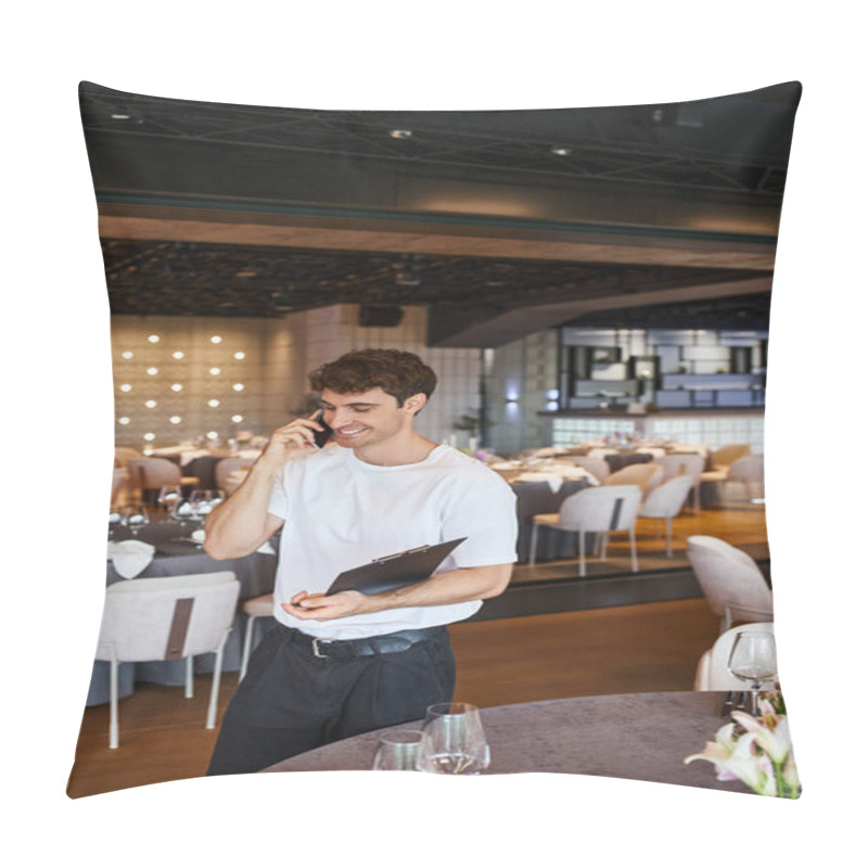 Personality  Cheerful Decorator With Clipboard Talking On Smartphone Near Festive Tables In Modern Event Hall Pillow Covers