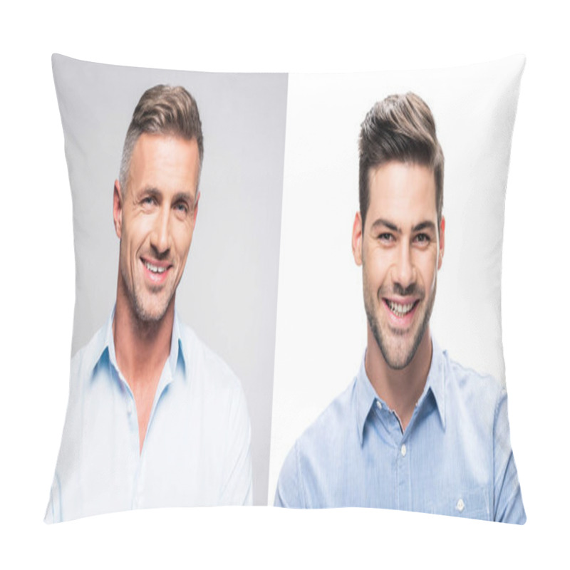 Personality  Collage Of Portraits Handsome Men In White And Blue Shirts On Gray And White Background Pillow Covers