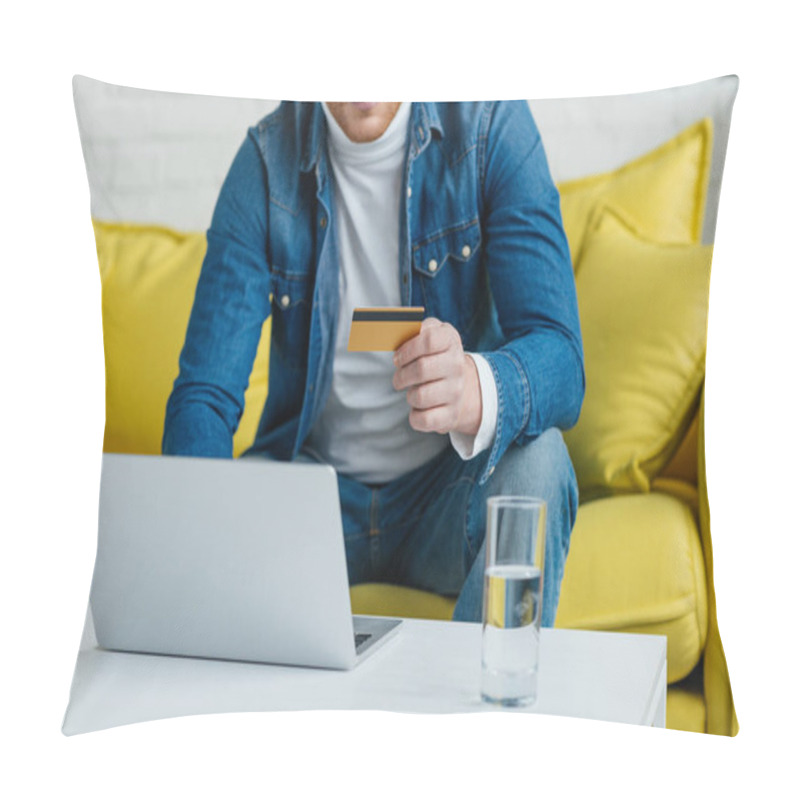 Personality  Young Man Holding Credit Card While Using Laptop Pillow Covers