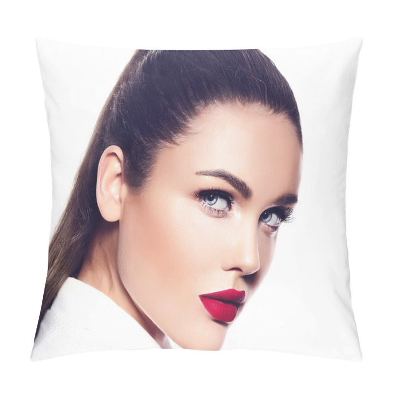 Personality  High Fashion Look.glamor Closeup Portrait Of Beautiful Sexy Stylish Brunette Business Young Woman Model In White Coat Jacket Hipster Cloth Pillow Covers