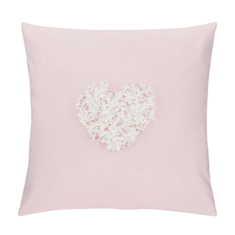 Personality  Creative Flat Lay Concept Top View Of White Lilac Flowers Petals Heart On Pastel Pink Background With Copy Space In Minimal Style, Template For Love Valentine Cards, Text Or Design Pillow Covers