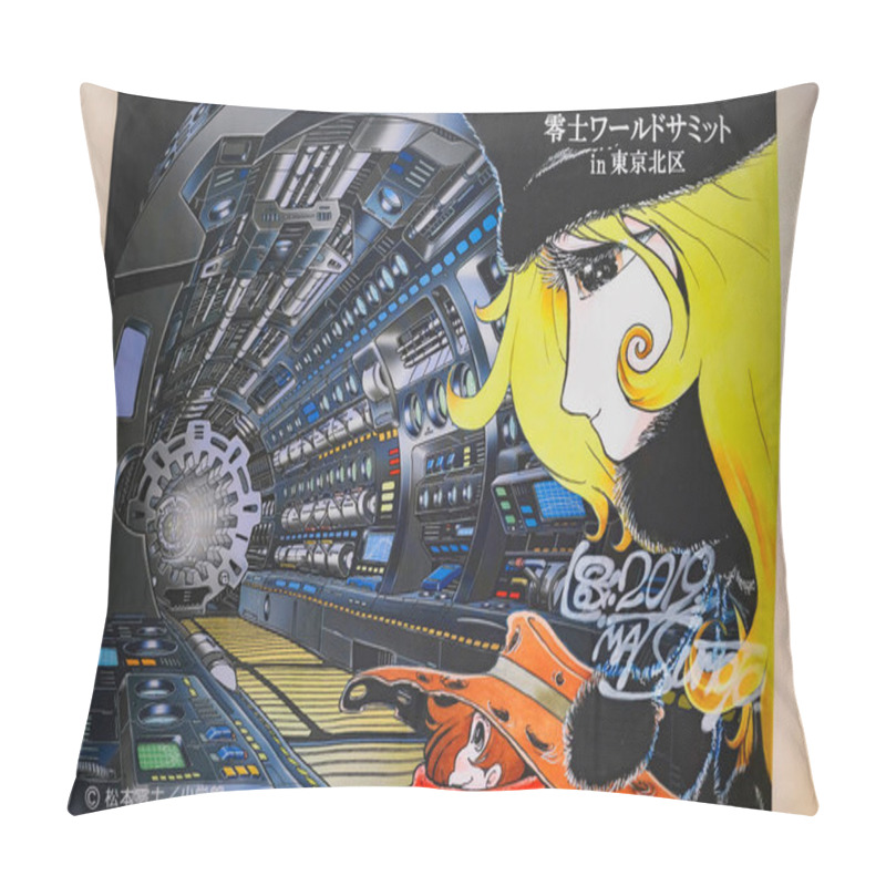 Personality  Tokyo, Japan - Nov 02 2019: Fabric Poster Signed By Japanese Manga Creator Leiji Matsumoto For The Leiji World Summit Illustrated By Maetel And Tetsuro In The Space Train Of Series Galaxy Express 999. Pillow Covers