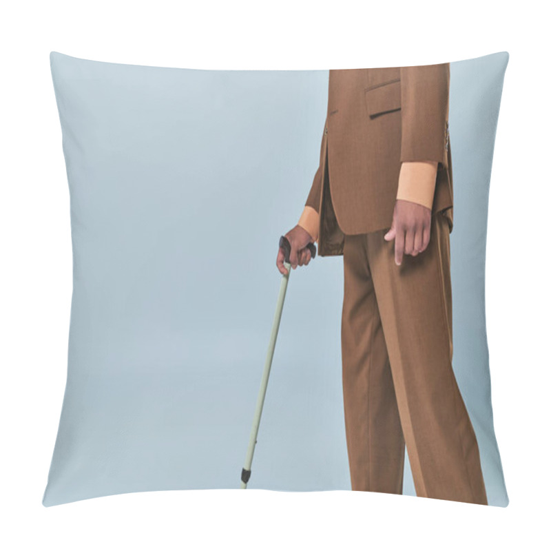 Personality  Real People, Cropped View Of African American Man Leaning On Walking Cane On Grey Background, Dark Skinned Person In Suit, Diversity And Inclusion, Difficulty Walking, Autoimmune Disease  Pillow Covers