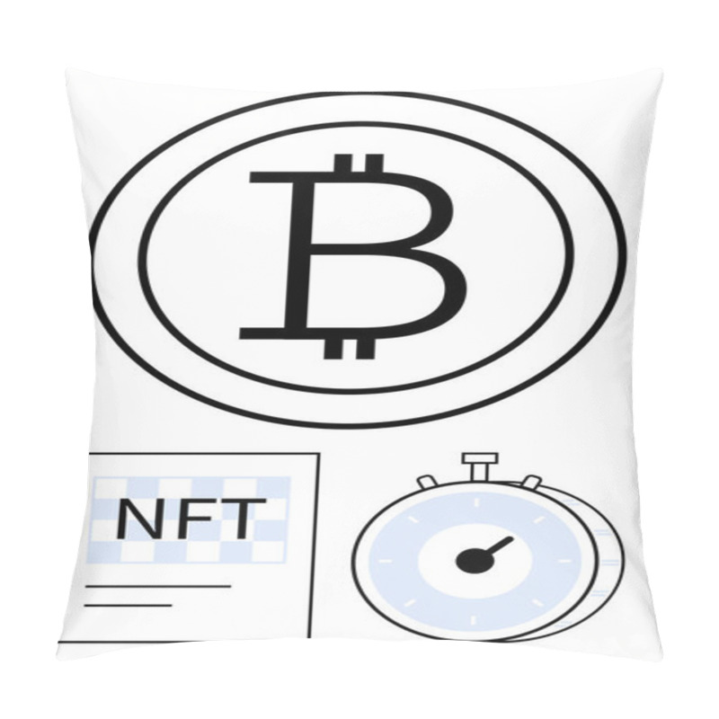 Personality  Bitcoin Logo Within A Circle, NFT Certificate With Grid, And A Stopwatch. Ideal For Blockchain, Cryptocurrency, NFTs, Fintech, Digital Transactions, Time Tracking And Abstract Line Flat Metaphor Pillow Covers