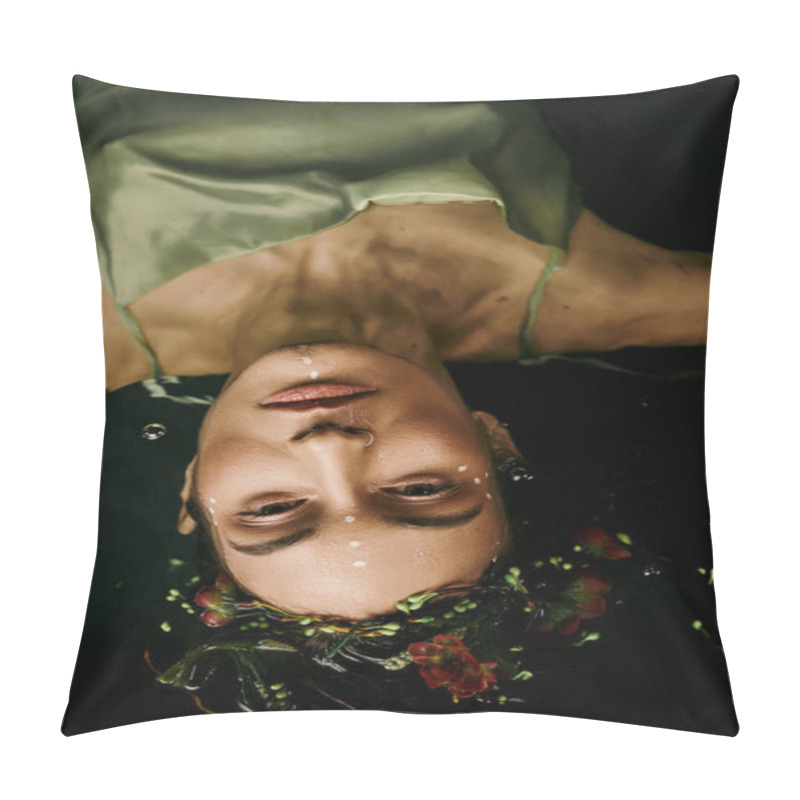 Personality  A Woman With A Floral Crown Floats Upside Down In A Murky Swamp. Pillow Covers