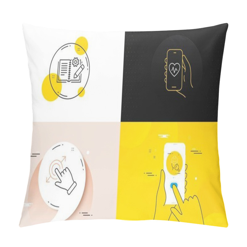 Personality  Minimal Set Of Health App, Inspect And Touchscreen Gesture Line Icons. Phone Screen, Quote Banners. Engineering Documentation Icons. For Web Development. Vector Pillow Covers