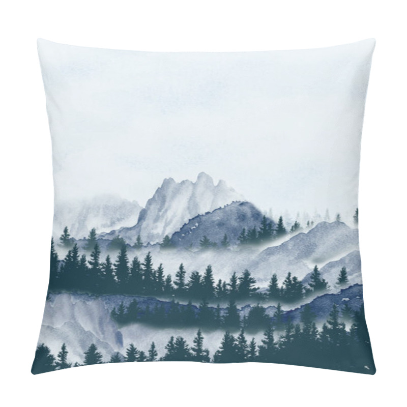 Personality  Watercolor Painting Landscape Panorama Of Pine Mountain Forest, Background, Blue With Gray, Winter Or Spring Woods, Nature With Coniferous Trees, Travel Woodland And Scene Illustration Or Banners. Pillow Covers