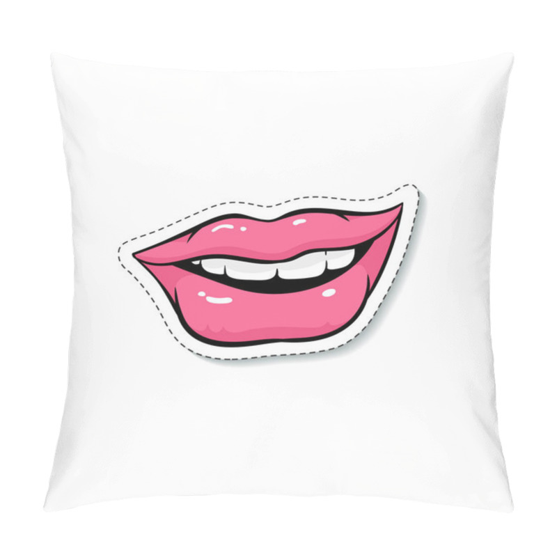 Personality  Smiling Woman Lips Fashion Patch Or Sticker Sketch Vector Illustration Isolated. Pillow Covers