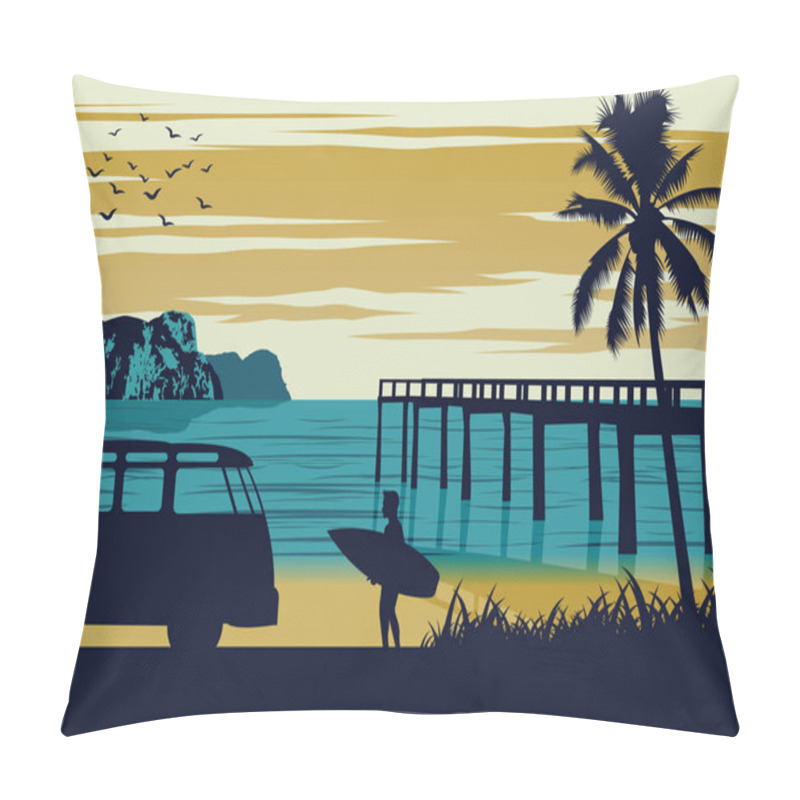 Personality  Nature Scene Of Sea In Summer,man Hold Surfboard Near Beach And  Pillow Covers