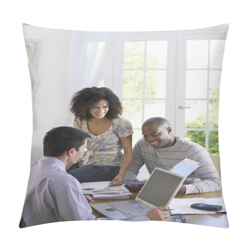 Personality  Couple Discussing With Financial Advisor Pillow Covers