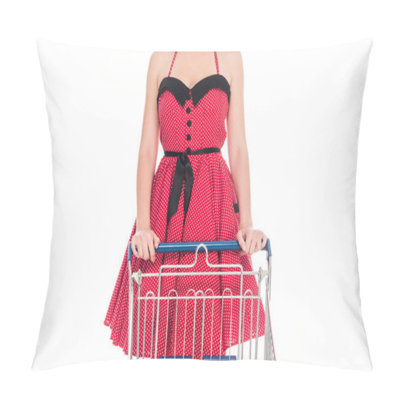 Personality  Cropped Image Of Woman In Pin Up Dress Standing With Shopping Cart Isolated On White  Pillow Covers