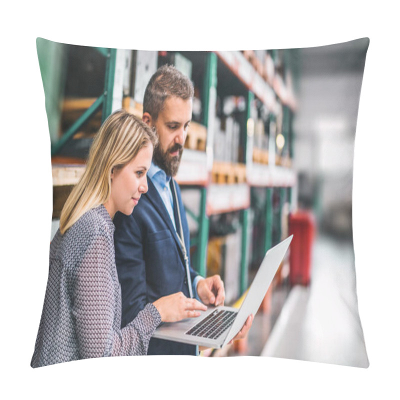 Personality  A Portrait Of An Industrial Man And Woman Engineer With Laptop In A Factory, Working. Pillow Covers