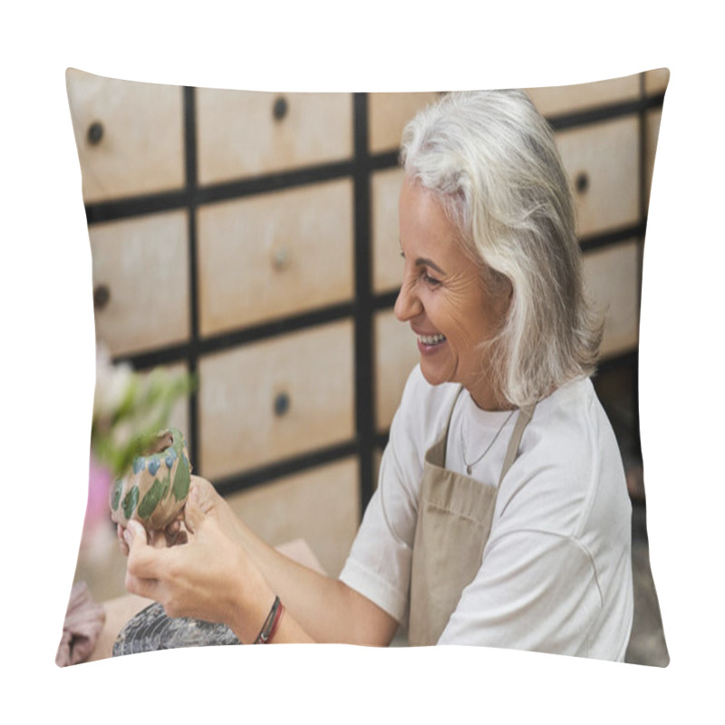 Personality  An Experienced Woman Joyfully Creates A Beautiful Pottery Item In Her Inviting Workspace Pillow Covers