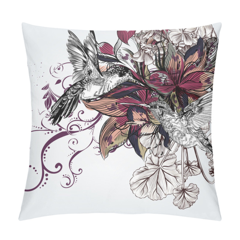 Personality  Vector Background With Lily Flowers And Birds In Engraved Style Pillow Covers