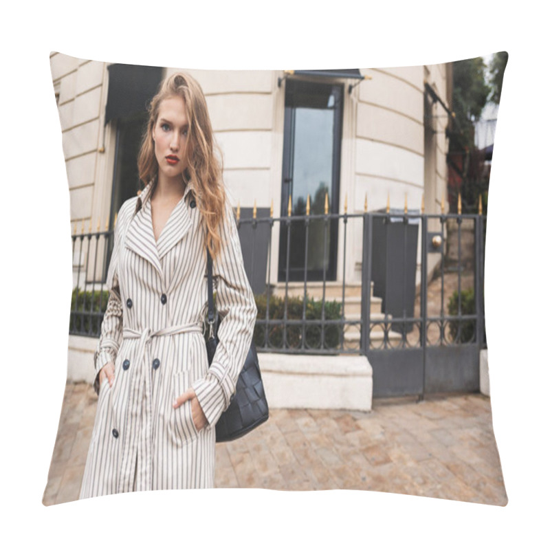 Personality  Beautiful Pensive Girl In Striped Trench Coat With Black Handbag Thoughtfully Looking In Camera Walking Around City Street Pillow Covers