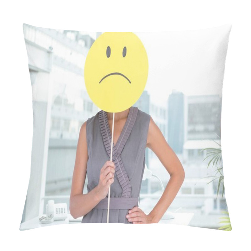 Personality  Woman Covering Her Face With Sad Smiley Pillow Covers