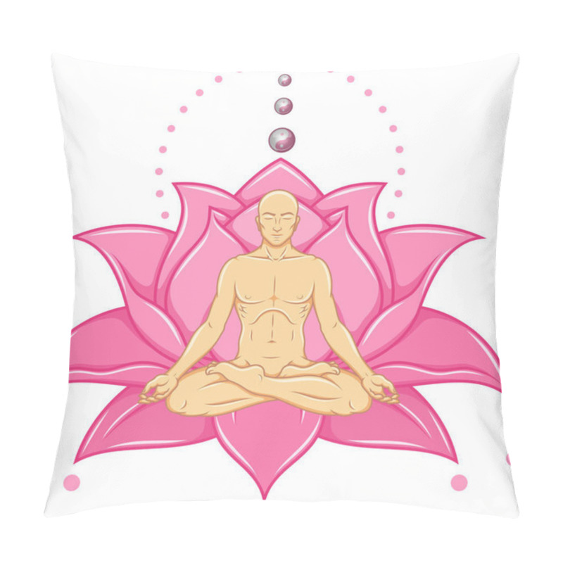 Personality  Vector Design Of Man Meditating In Lotus Position, Man Doing Yoga And Lotus Flower In Background Pillow Covers