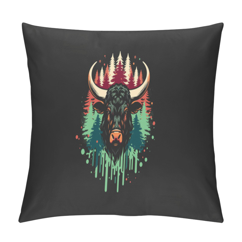 Personality  Head Cow Long Horn On Forest Vector Artwork Design Pillow Covers