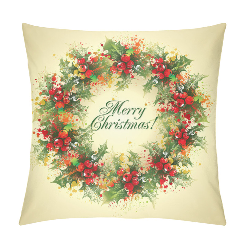 Personality  Christmas Card. The Holly Wreath On A Beige Background. Vector I Pillow Covers