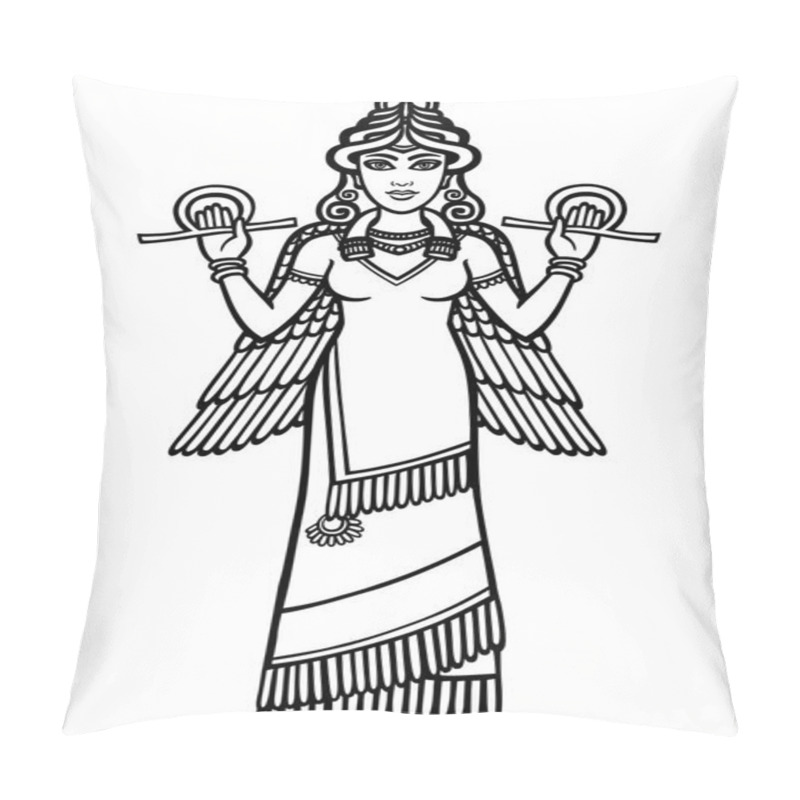 Personality  Vector Illustration: The Stylized Goddess Ishtar. Character Of Sumerian Mythology. Full Growth. The Black Silhouette Isolated On A White Background. Pillow Covers