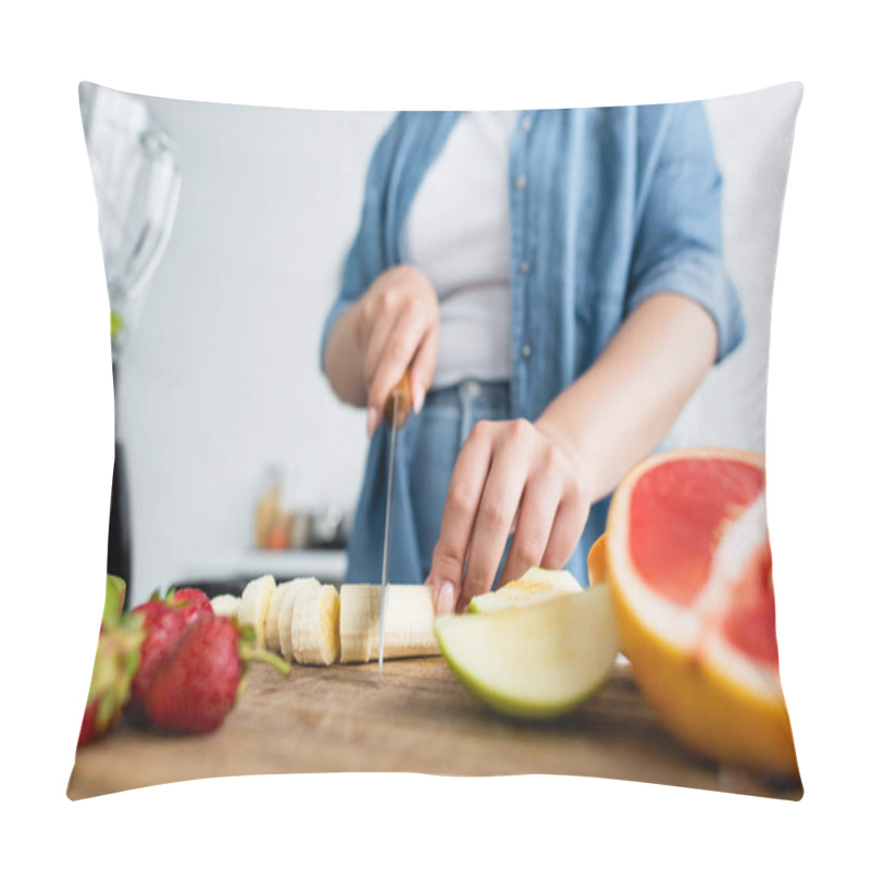 Personality  Cropped View Of Blurred Woman With Overweight Cutting Banana Near Fruits And Blender In Kitchen  Pillow Covers