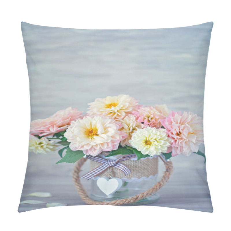 Personality  Beautiful Bouquet Of A Yellow And Pink Dahlias On A Light Gray Background. Lovely Bunch Of Flowers .  Pillow Covers