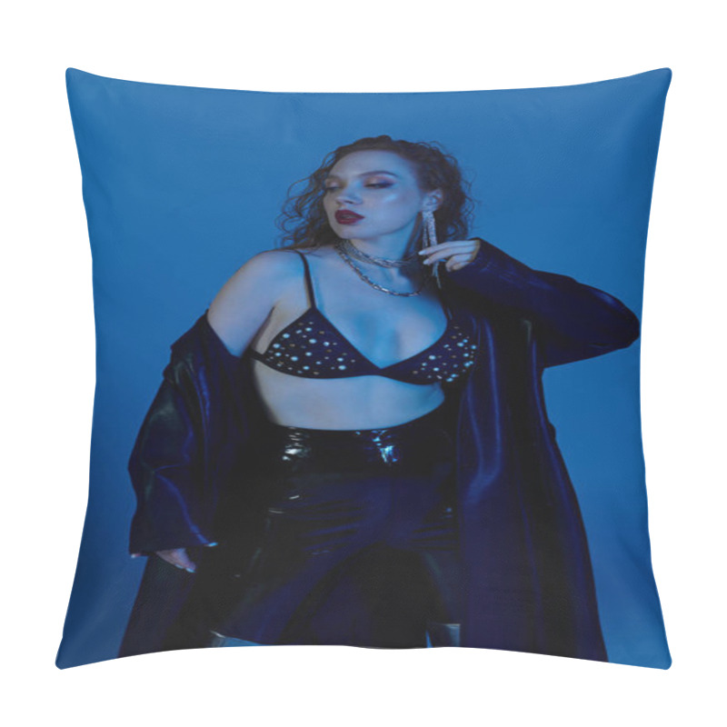 Personality  A Confident Woman Displays Her Stylish Ensemble Against A Captivating Blue Setting. Pillow Covers