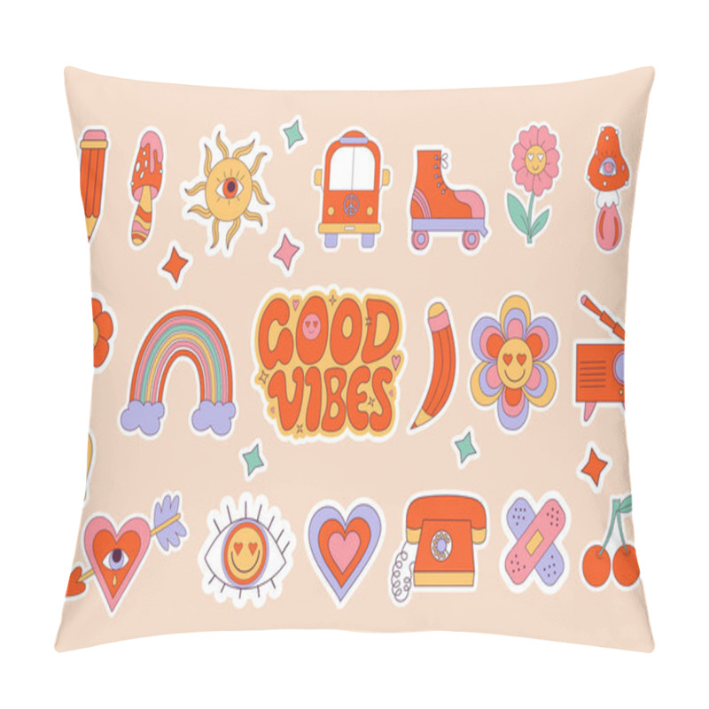 Personality  Nostalgia 70s Stickers. Set Of Retro Groovy Elements, Cute Cartoon Positive Symbols, Funky Hippy Stickers And Lettering Of Good Vibes, Bus, Rollers, Rainbow, Funky Mushroos. Vector Psychedelic Clipart Pillow Covers