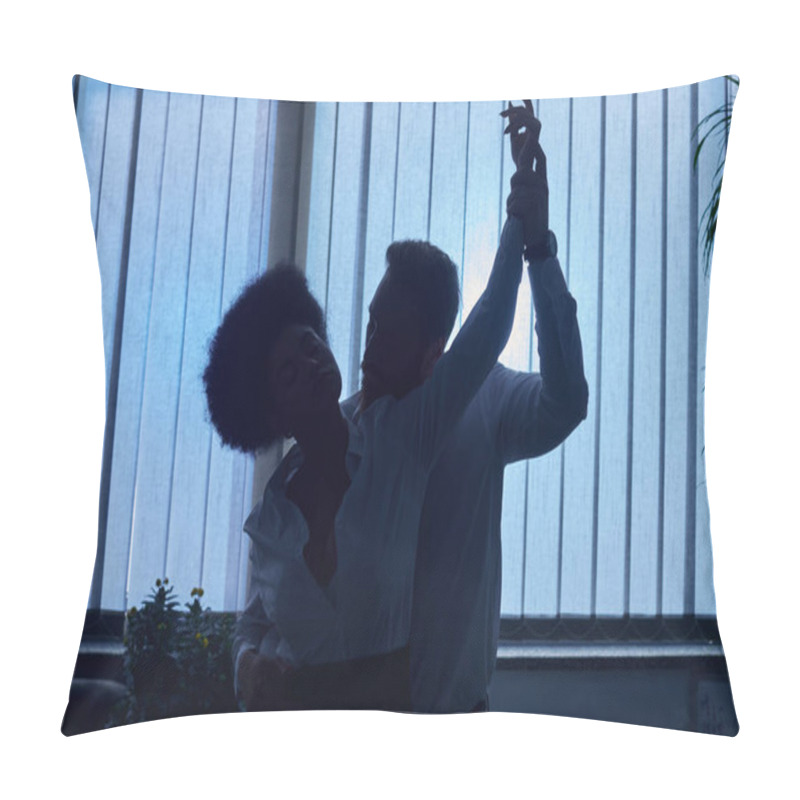 Personality  Dark Silhouette Of Businessman Holding Hand And Embracing African American Woman In Night Office Pillow Covers