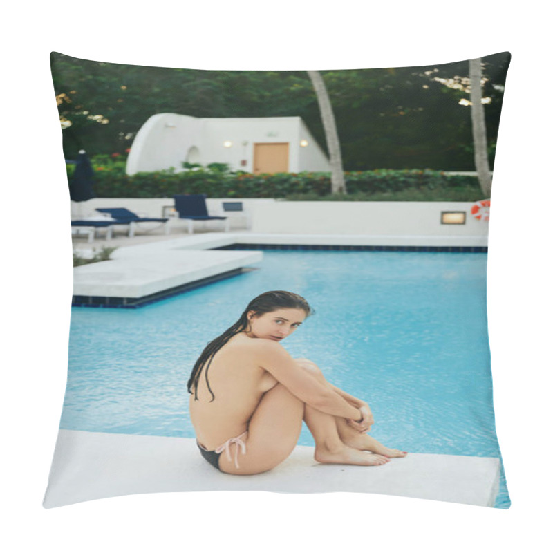 Personality  Sexy Brunette And Topless Woman Relaxing Next To Outdoor Swimming Pool With Shimmering Water In Miami, Summer Getaway, Youth, Poolside Relaxation, Bikini, Blurred Sunbeds, Luxury Resort  Pillow Covers