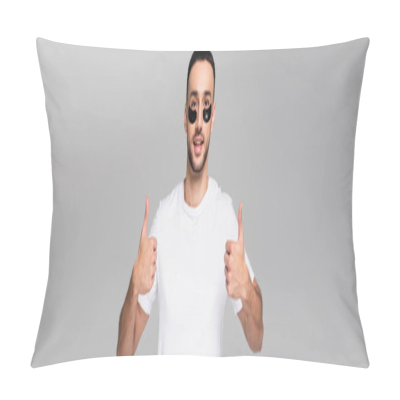 Personality  Smiling Hispanic Man With Eye Patches Showing Thumbs Up Isolated On Grey, Banner Pillow Covers