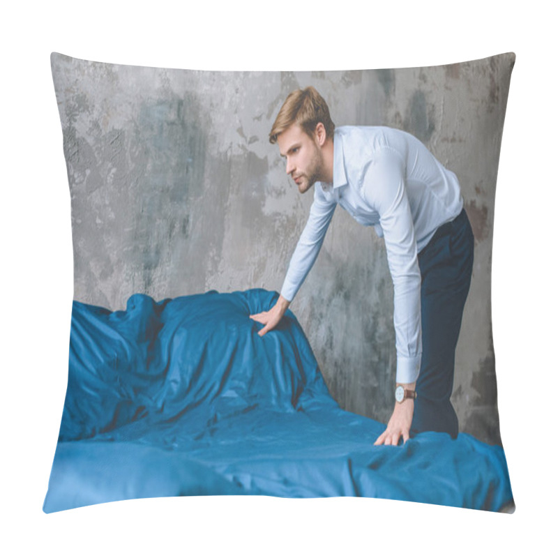 Personality  Focused Businessman Covering Bed By Blue Coverlet At Home  Pillow Covers