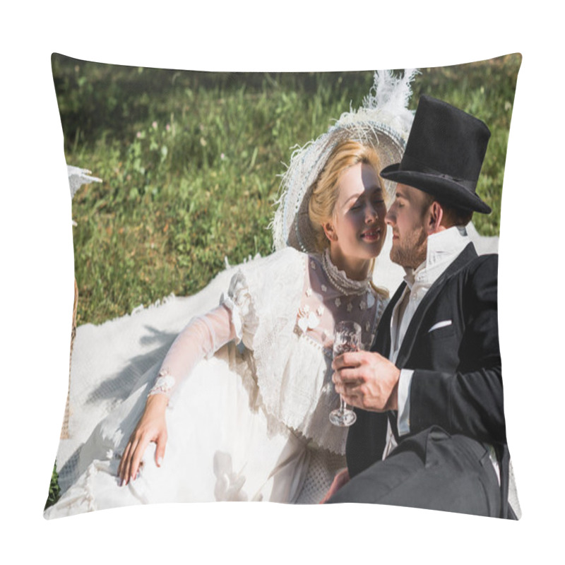 Personality  Happy Victorian Woman Siting On Blanket And Looking At Man In Hat Holding Wine Glass Pillow Covers